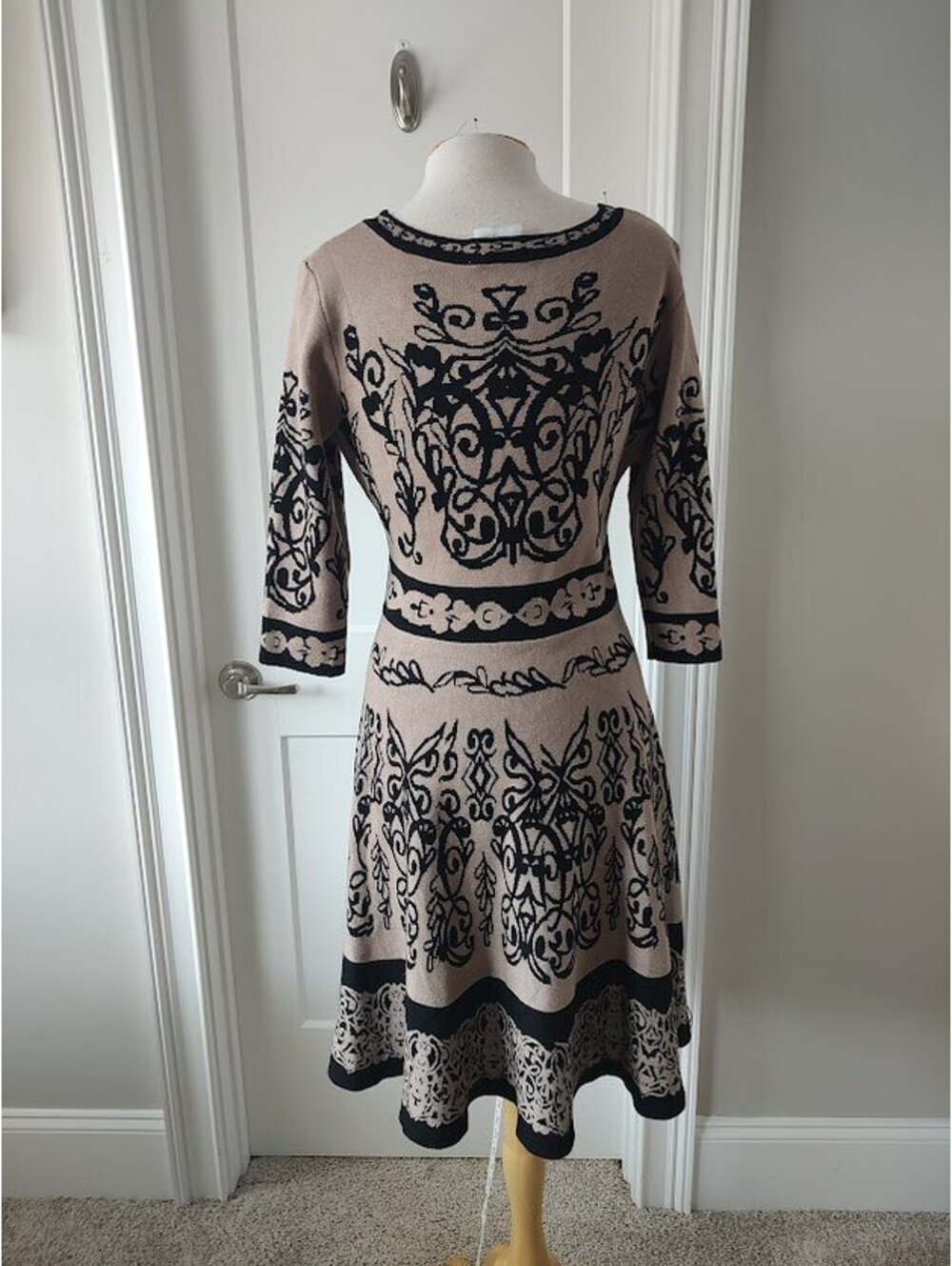 J. Taylor Beige and Black Patterned Knit Dress with 3/4 Sleeves - Picture 3 of 8